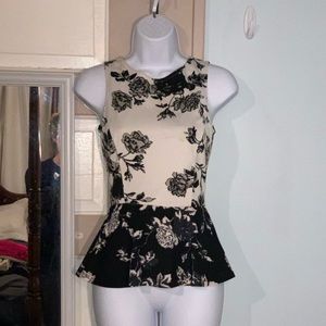 Peplum top - black and white flowers